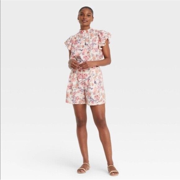 Who What Wear Other - WHO WHAT WEAR NWT 2pc XL 14 Linen Blend High Neck Flutter Sleeve Top Shorts Set